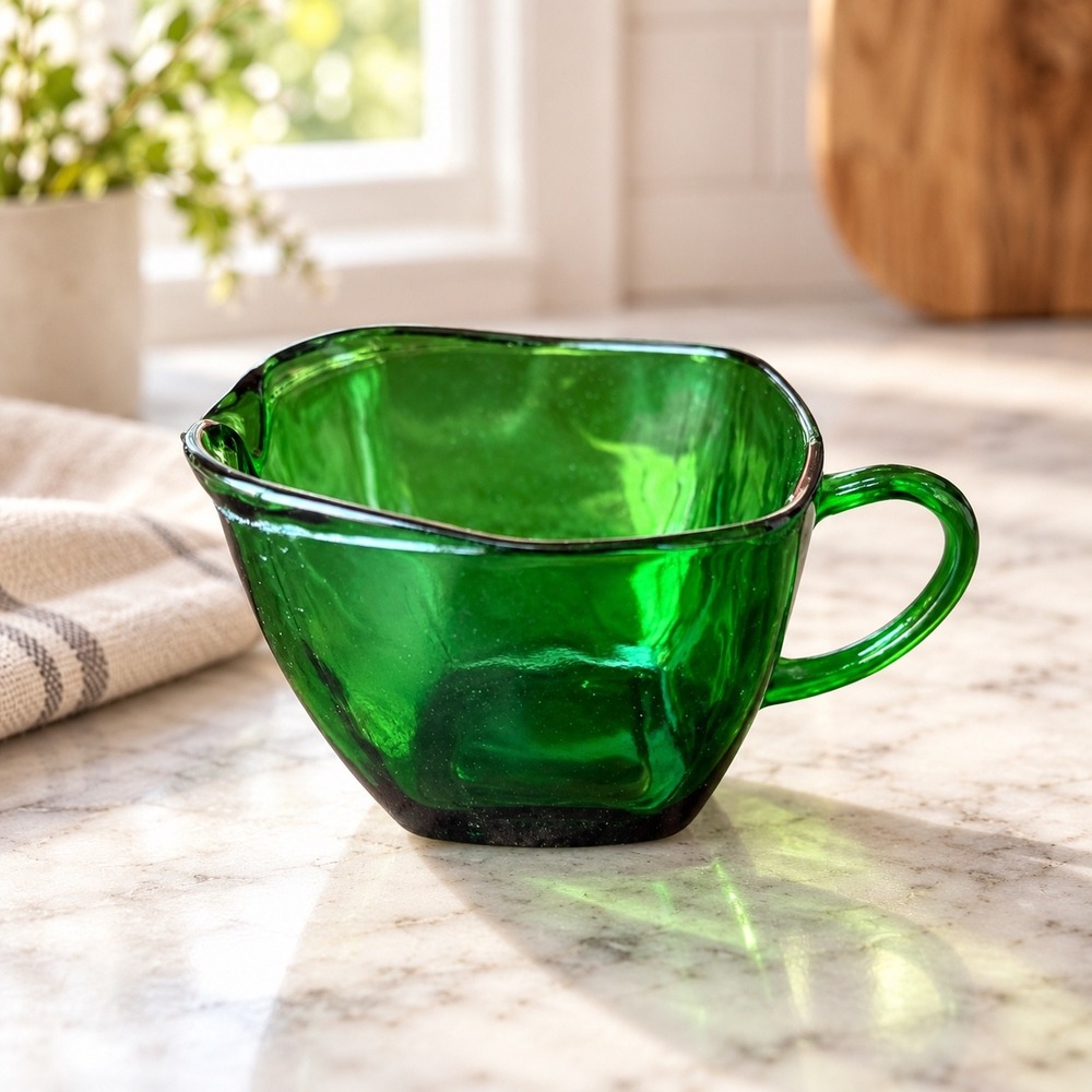 Vintage Emerald Green Glass Creamer Pitcher Square Rim Starburst Base MCM